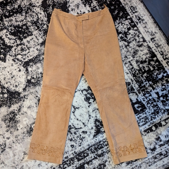 Vintage Tan Suede Leather Pants Embroidered High Rise Bootcut Womens 12 Bernardo - Picture 1 of 6
